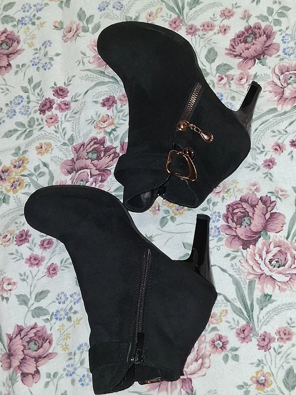 Women's Black Suede Ankle Boots with Gold Accent - Picture 5 of 9